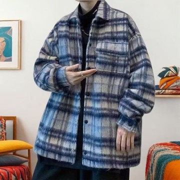 日系磨毛格紋翻領寬鬆長袖上衣男保暖秋冬新款休閒百搭上衣男