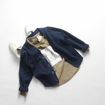 日系春秋款童裝上衣開衫男童兒童寶寶藏青色純棉毛衣針織開衫外套