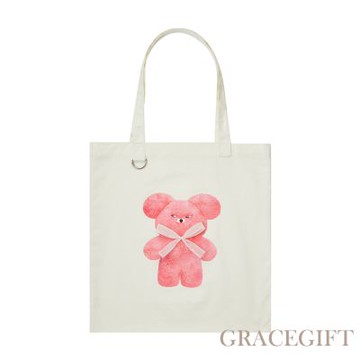 【Grace Gift】Wasabi Bear-粉芥末熊立體蝴蝶結印花日常帆布包 粉