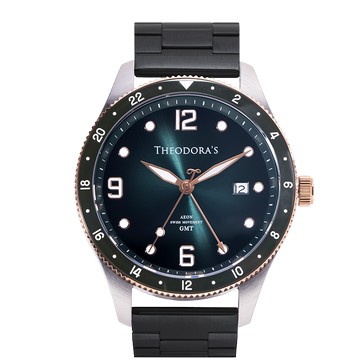 Aeon-緣 GMT兩地時區夜光潛水腕錶 湖水綠面-鋼鍊帶黑