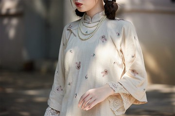 杏色 刺綉兔子倒大袖少女旗袍 新中式中秋春節風改良洋裝連身裙