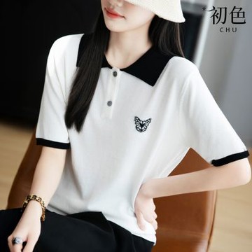 初色 蝴蝶刺繡拼色POLO領五分袖針織T恤上衣女上衣-白色-12465(M-3XL可選)