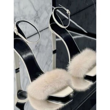 水貂毛一字帶毛毛高跟鞋女白色方頭細跟2025春夏新款氣質名媛涼鞋