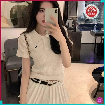 🏵️秋季上新🏵️polo領正肩針織麻花短袖t恤女夏季2025新款修身正肩翻領半袖上衣