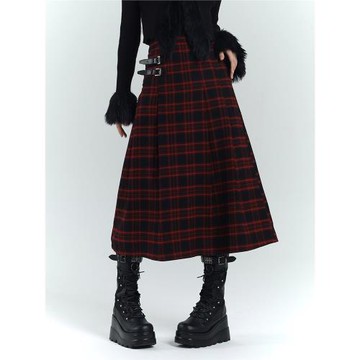 幽靈少女紅黑色格子半身裙毛呢格紋長裙a字裙子亞比穿搭秋冬裝