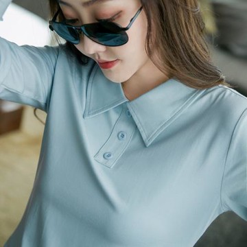 80支絲光棉polo衫長袖t恤女翻領POLO領純棉純色大碼修身上衣春秋