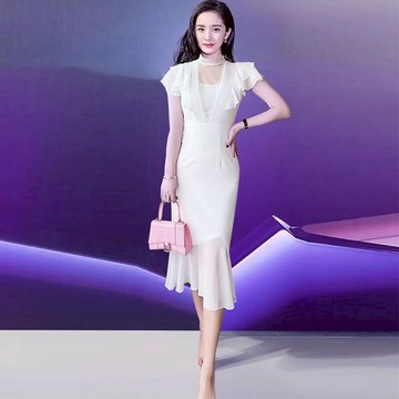 楊冪明星同款圓領蕾絲拼接喬其絲荷葉邊魚尾連衣裙2022夏季新款潮