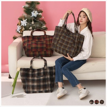 天藍小舖-格紋毛呢大容量肩背包-共3色-$490【A15153210】