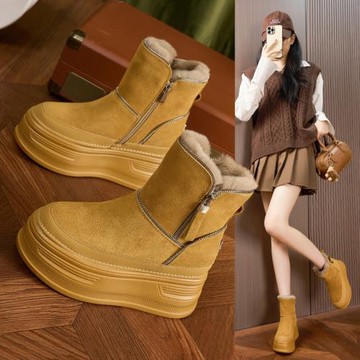 內增高雪地靴女2024冬季新款加絨加厚小個子真皮厚底東北馬丁靴子