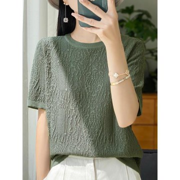 短袖t恤女2026新款大碼女裝夏季短款提花寬松薄款冰絲針織衫上衣