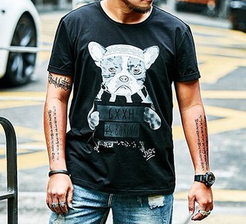 FINDSENSE H1 2018 夏季 新款 潮胖子 個性動物印花 加肥 加大碼黑色T恤 寬鬆短袖 休閒上衣 潮男