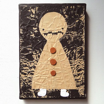 復古皺巴巴的藝術原畫帆布繪畫皮革鈕扣黑色 No1