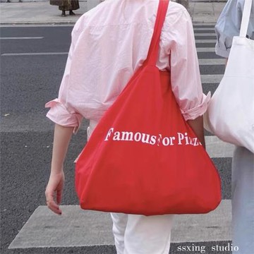 ins韓風一抹紅色大容量帆布包單肩包街拍布袋包休閑托特包