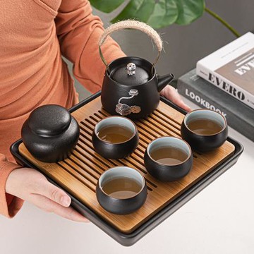 黑陶提梁壺功夫茶具套裝泡茶家用茶臺客廳茶盤整套喝茶杯陶瓷茶壺