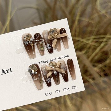 ➕最新設計款穿戴甲💅純手工穿戴甲高端棕色長款美甲片蝴蝶結輕奢重工假指甲貼片長梯穿戴甲 JYBG