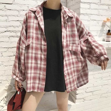 防曬襯衫女夏韓版寬松學生BF燈籠袖格子襯衣中長款外套女復古百搭