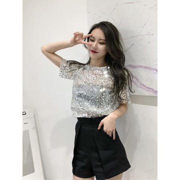 夏季新款舞臺表演透視網紗短袖上衣BLING閃閃亮片晶晶短袖T恤女潮