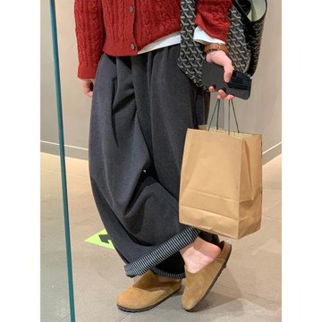 深灰色卷邊毛呢闊腿褲女秋冬加絨大碼胖mm高腰寬松顯瘦休閑直筒褲