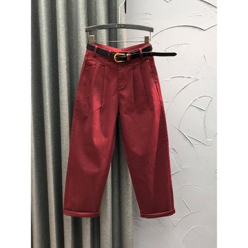 酒紅色高腰休閑哈倫牛仔褲女2025春季時尚百搭寬松洗水棉直筒垮褲