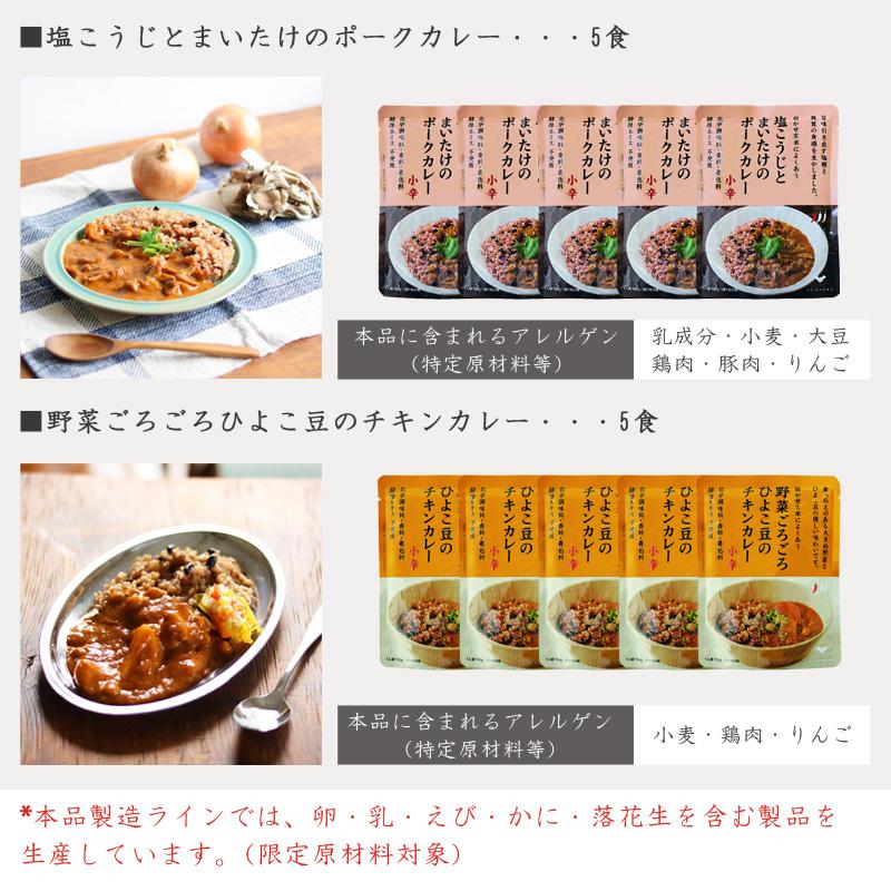 結わえる レトルトカレー お試し 2種10個セット 簡単 便利 健康 無添加 塩こうじとまいたけのポークカレー 野菜ごろごろひよこ豆のチキンカレー(10食セット)