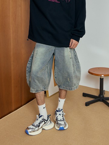 復古抓破過膝牛仔短褲
