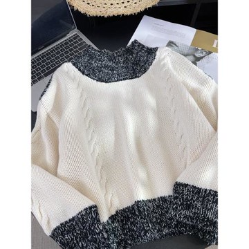 慵懶風高領灰白拼接撞色毛衣肌理感打底針織衫2025早秋chic短上衣