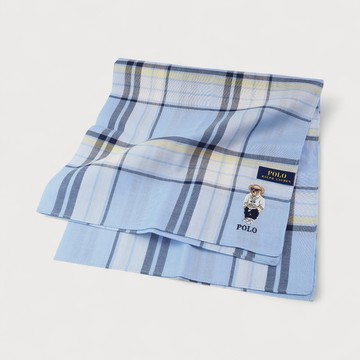 RALPH LAUREN POLO BEAR小熊刺繡格紋純棉手帕(淺藍色 48×48cm 日本製 附品牌紙袋)