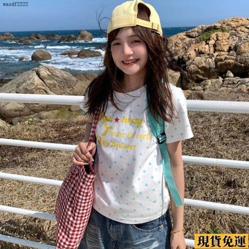✨臺灣發✨ 美式復古波點字母印花  短袖  T恤女款2026 夏季 新款圓領正肩打底 上衣