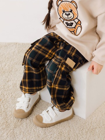 Outdoor親子~日系格紋大口袋磨毛縮口褲/好動褲