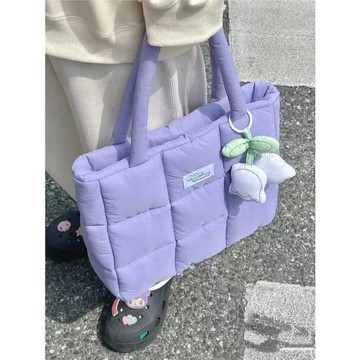 秋冬方格柔軟羽絨手提包時尚填充棉服單肩包女簡約小方格托特包