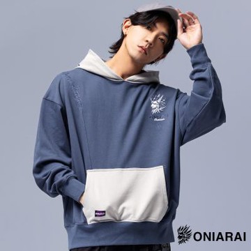 鬼洗 BLUE WAY – 都市遊俠幾何文字寬鬆連帽長TEE(灰藍)