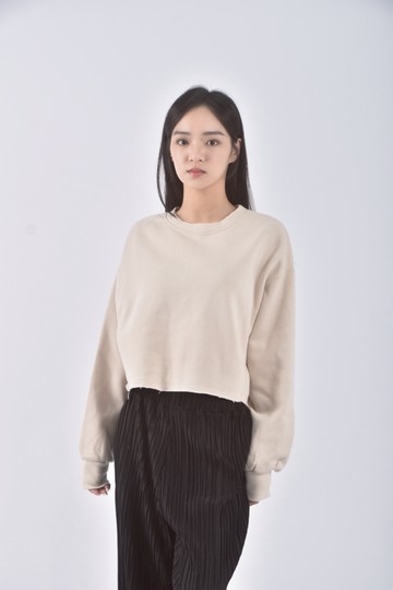 加購優惠(M) 質感修身短版捲邊杏色長袖上衣