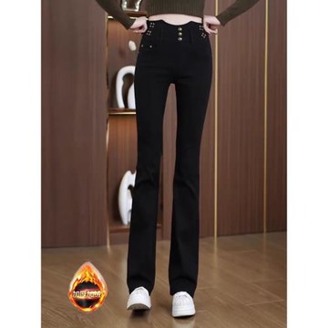 加絨加厚微喇叭褲女2024冬季新款時尚高腰顯瘦百搭彈力保暖小黑褲