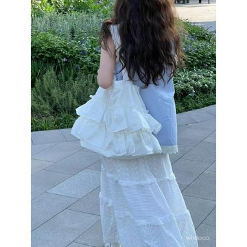 👜 卿選好物 👜ins風荷葉邊託特包女2024夏季新款韓版大容法式文藝風單肩帆布包