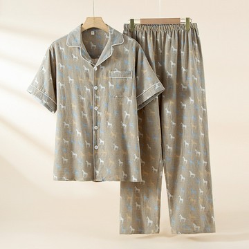 男士睡衣春夏季純棉短袖長褲小外套套裝大尺碼休閒寬鬆男款全棉家居服