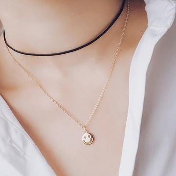 PS MALL可愛笑臉吊墜雙層簡約頸鍊 1入