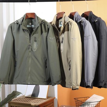 戶外防風防水！春秋新款可脫卸連帽男士沖鋒衣多口袋寬松夾克外套