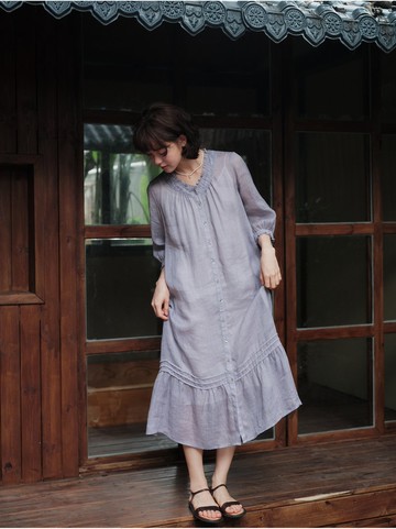 兩色苧麻連衣裙 7分袖V領洋裝