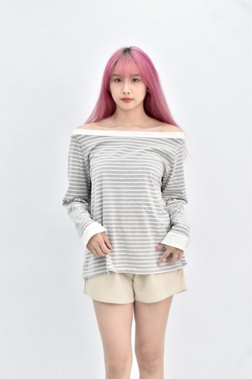 (L) i moda 棉質一字肩灰色長袖上衣