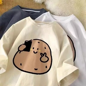 【隔日到貨】小土豆卡通印花短t夏季新款短袖T恤280g純棉重磅短袖上衣男女通用休閒Oversize T恤大尺碼寬鬆上衣