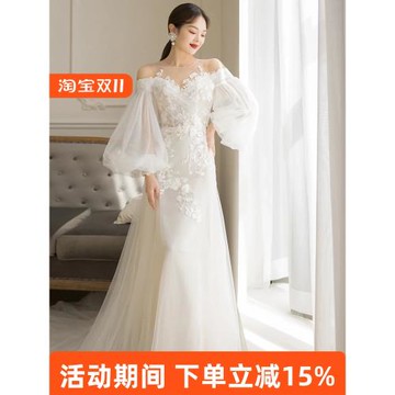 法式輕婚紗2025新款氣質迎賓禮服超仙森系長袖小拖尾出門紗高級感