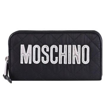 MOSCHINO 漆皮LOGO尼龍菱格車線ㄇ字拉鍊長夾.黑銀