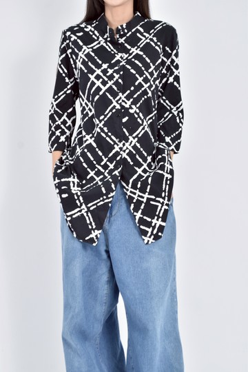 (M) naba camicie棉質花紋七分黑色短袖上衣