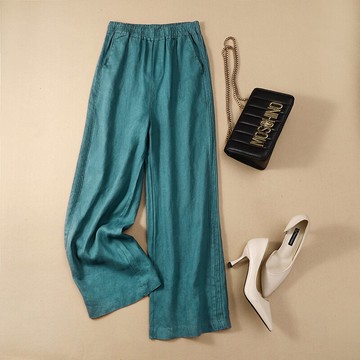 夏季新款百搭純色棉麻垂感寬松顯瘦松緊腰休閑闊腿褲女