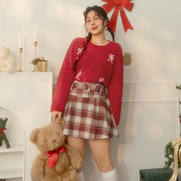 冬日毛呢格紋百褶短裙(附皮帶)(附褲)