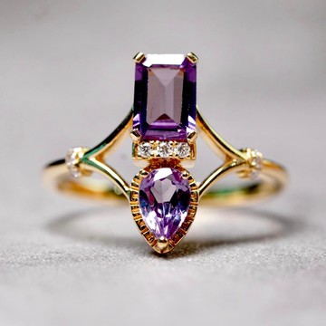 18K Art Deco 亞歷山大石 雙石戒指