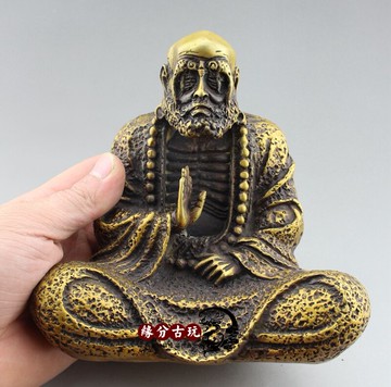 仿古做舊銅器 純銅黃銅達摩祖師佛像銅像 古董古玩收藏風水擺件1入