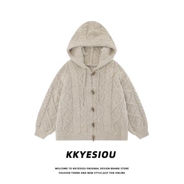 KKyesiou仿兔毛加厚學院風情侶連帽外套男女學院風寬松針織衫毛衣