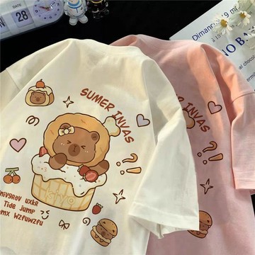 【臺灣-出貨】卡皮巴拉水豚君短袖T恤男女童2025夏季新款韓系風中大童學生上衣TIAN5