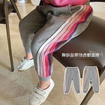 春裝女童褲子長褲新款休閑洋氣寶寶側面撞色織帶寬松運動褲潮